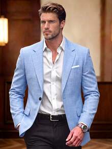 Officeau Men's Blue Plaid Single-Breasted Suit Set, Slim Fit Blazer & Trousers For Business Casual, Daily Wear, Parties, Banquets & Prom - Blue - View 3