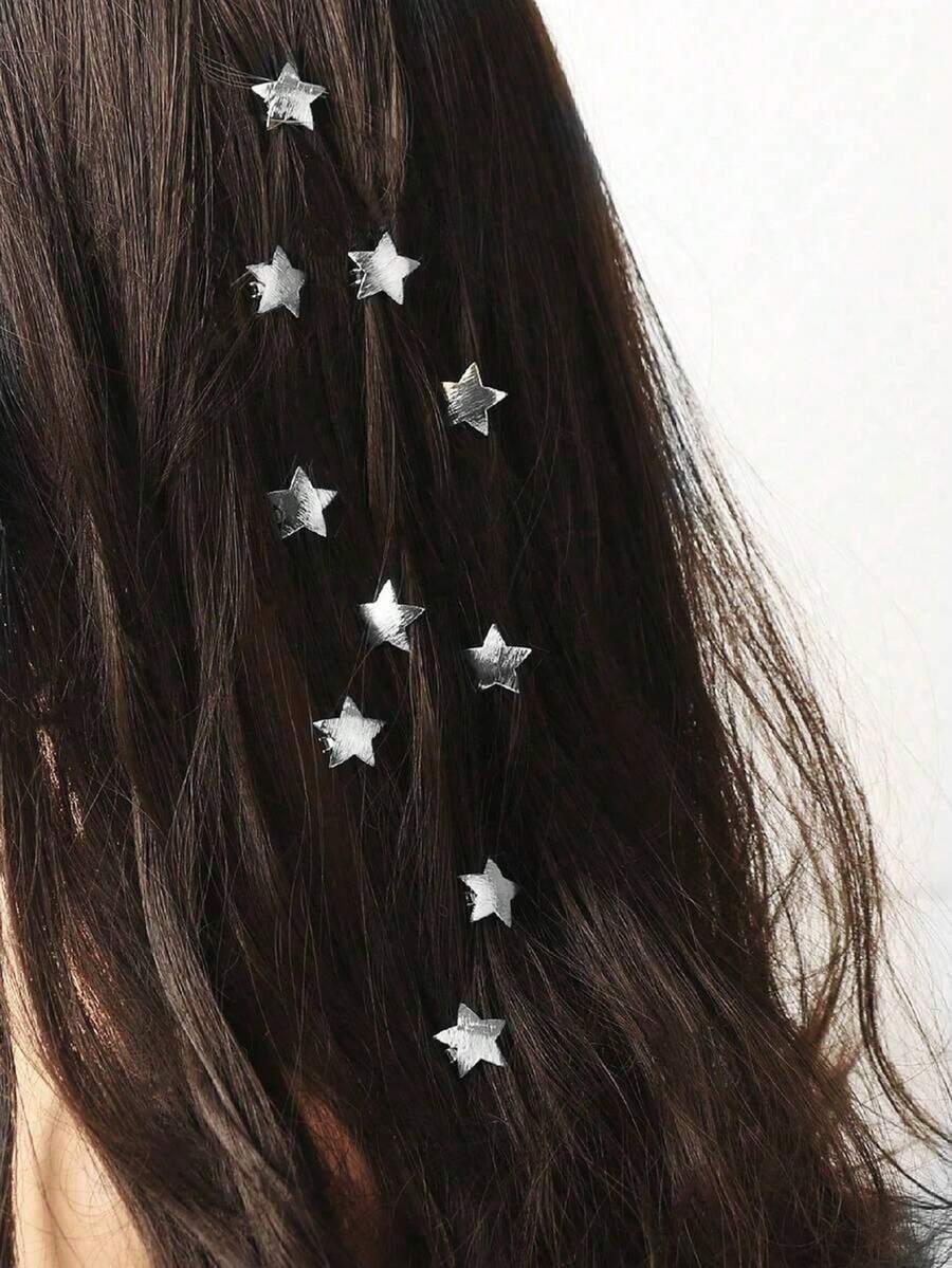 6pcs Star Shaped Hair Clips, Gold Metal Textured Bead Hair Clamps, Hair Accessories For Summer, Beach, Hair Styling, Head Accessories - Silver - View 1