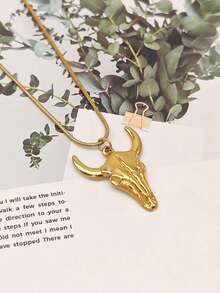 1pc European And American Personalized Hip-Hop Street Fashion Vintage Stainless Steel Bull Skull Pendant Necklace - Yellow Gold - View 1