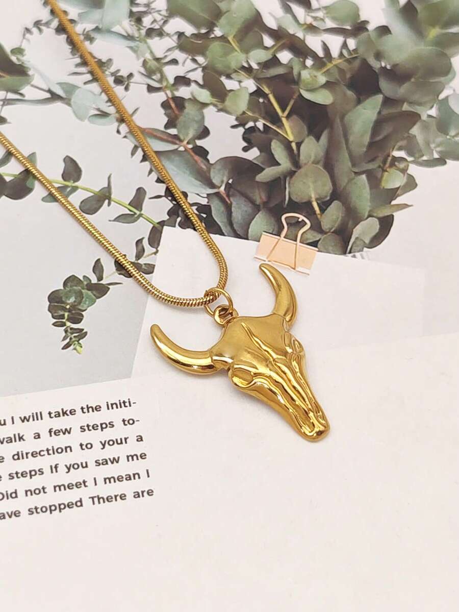 1pc European And American Personalized Hip-Hop Street Fashion Vintage Stainless Steel Bull Skull Pendant Necklace - Yellow Gold - View 1