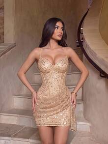 ADYCE Elegant Spaghetti Strap Waisted Backless Bodycon Tie-Back Sequin Short Fishbone Festival Prom Gown Homecoming Wedding Guest Ball Birthday Party - Champagne - View 7