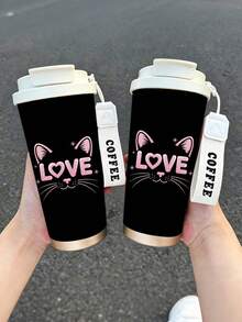 1pc/5pcs 500ml Cute Cat Heart Travel Mug, Double-Wall Stainless Steel Insulated Cup, Cute Pink Cat Ear & LOVE Letter Print Design, Portable Coffee Cup With COFFEE Print Lanyard, Leak-Proof Insulated Mug, Suitable For Daily Commute, Outdoor & Travel - Black-kitty Love - View 7