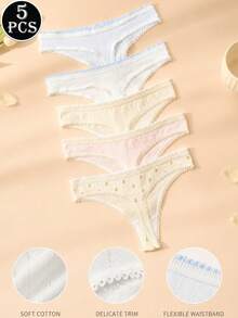 5pcs Women's Panties Set, Minimalist Cute Cotton Panties, Floral Hollow-Out Thong - Multicolor - View 2
