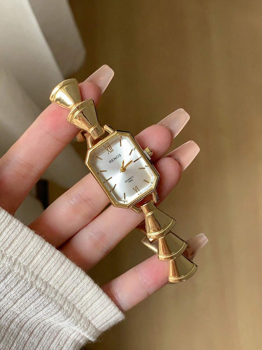 1件金色錶殼白色錶盤獨特錐形鏈條金屬錶帶時尚方形石英女裝正裝手錶,適合休閒與正式場合 - 金色 - 查看 1