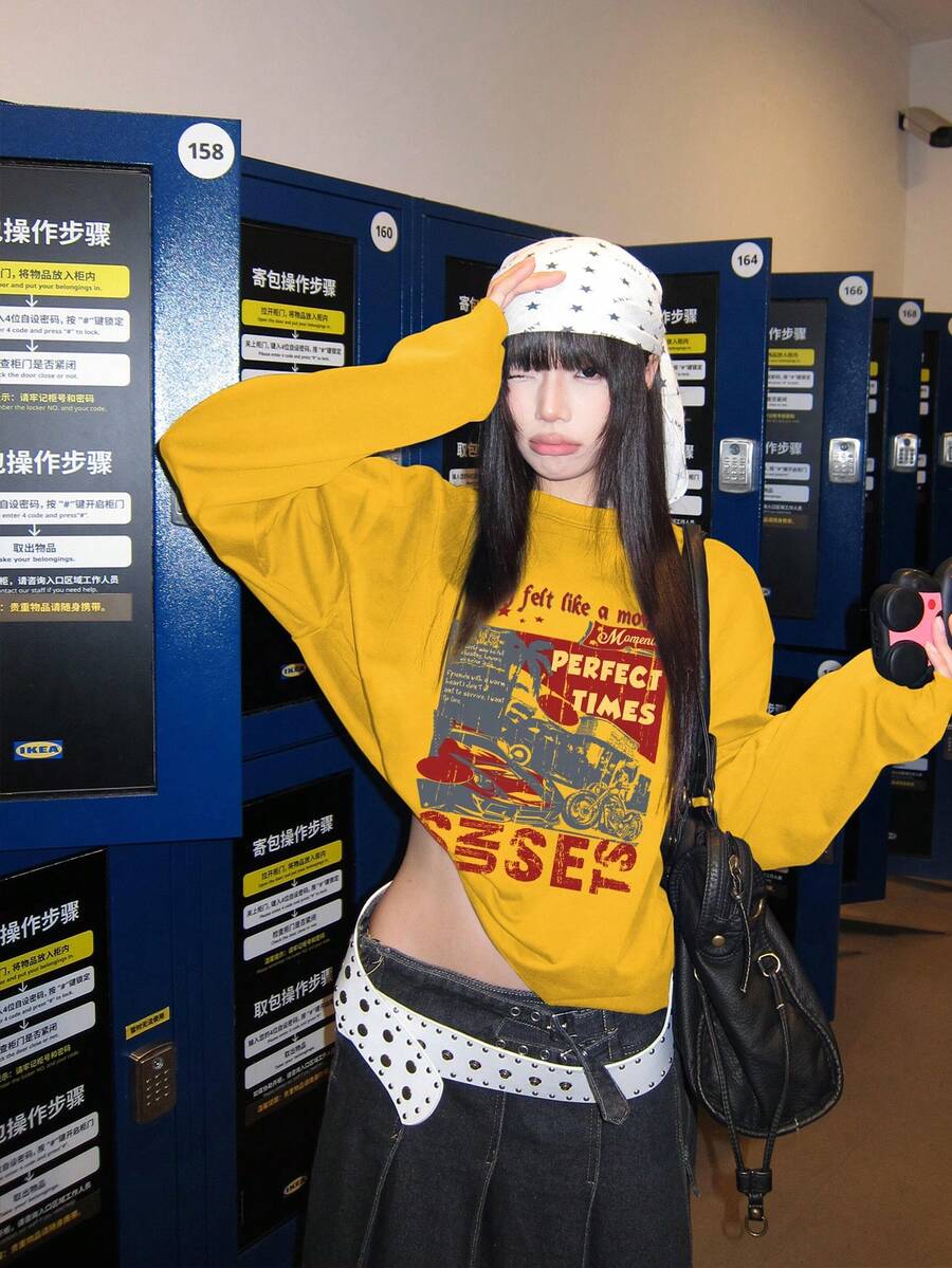 Fashionable Women's Car Star Letter Print Design T-Shirt, Long Sleeve, Loose Street Style Casual Top For Autumn - Yellow - View 1