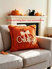 1pc Pumpkin Throw Pillowcase With Custom Name,2D Flat Print Fall Halloween Sofa Decor Accent,Non-Real Embroidery Print,No Pillow Core - Orange - View 8