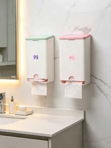 Cute Bow Wall-Mounted Tissue Box, Bathroom Sanitary Napkin Storage Box, Vertical Striped Textured Shell, No-Drill Adhesive Wall Installation. Smooth Dispensing Opening, Can Hold Face Towels, Tissues, Flip-Top Design For Easy Refill. White And Pink Contrast Color Girly Style, Suitable For Bathroom Vanity, Frees Up Countertop Space, Practical Home Storage For Face Towels And Tissues. - Multicolor - View 3