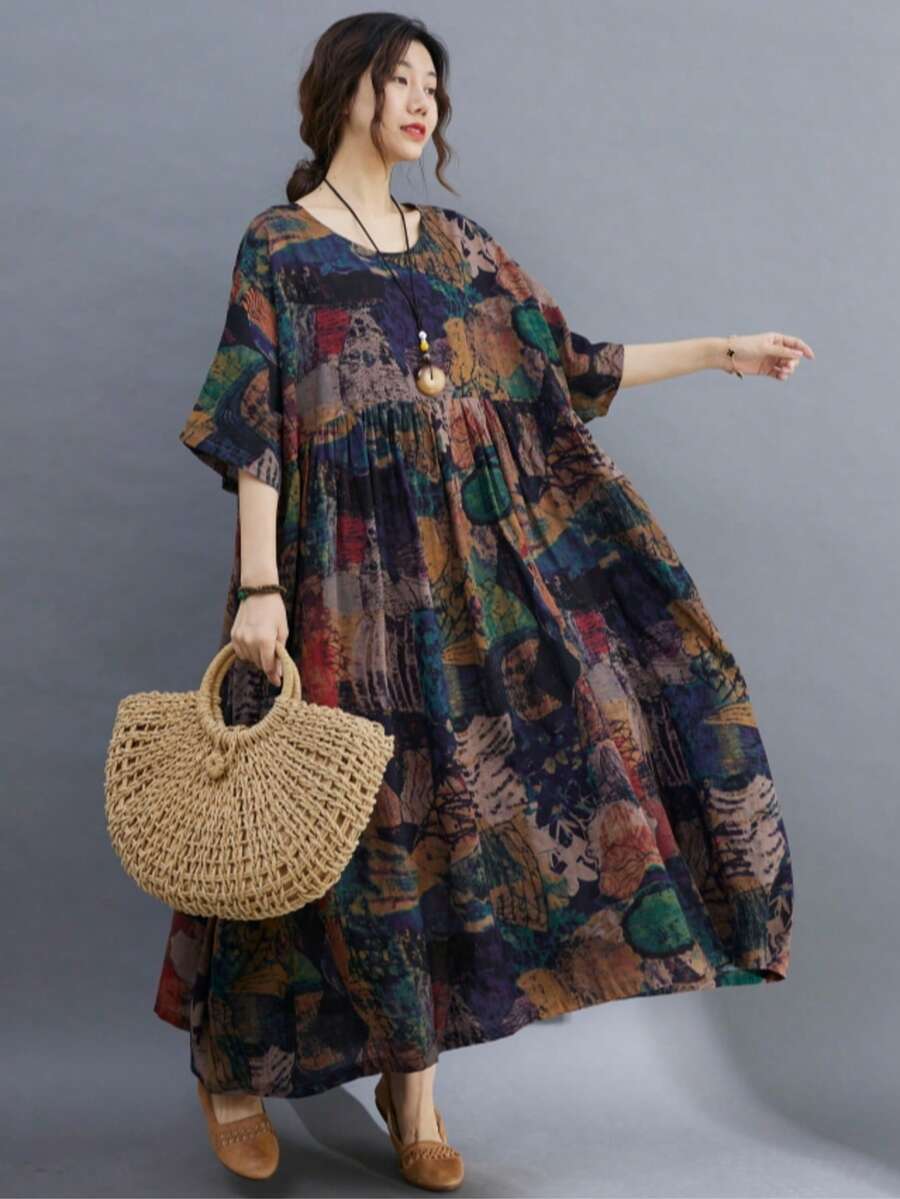 AZAH Halloween Elegant Ball Elegant Plus Size Women's Long Dress, Abstract Print, Short Batwing Sleeves, Round Neck, Ideal Choice For Bohemian Style Summer - Coffee Brown - View 1
