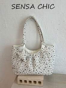 Tote Bag With All-Over Star Print Pattern, Star Pendant Accessory Decoration, Extended Shoulder Strap, Large Capacity Open Top Closure, Versatile Daily Bag For School, Work, Travel, Shopping, Commuting, Shoulder Large Bag - White - View 1
