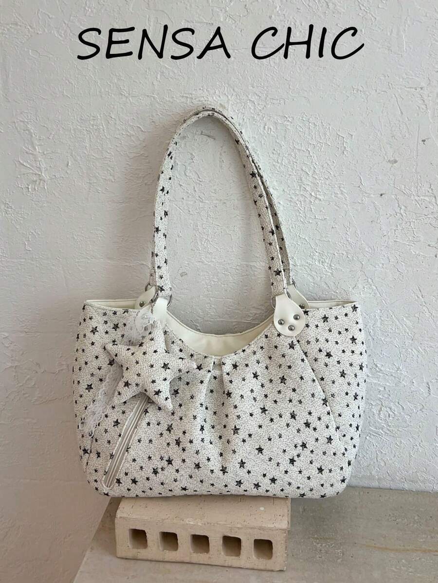 Tote Bag With All-Over Star Print Pattern, Star Pendant Accessory Decoration, Extended Shoulder Strap, Large Capacity Open Top Closure, Versatile Daily Bag For School, Work, Travel, Shopping, Commuting, Shoulder Large Bag - White - View 1