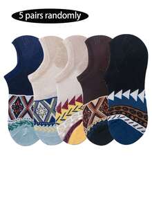5/10 Pairs Men's Low-Cut Short Socks, Diamond Pattern Anti-Slip Boat Socks, Thin Invisible Summer Socks - Multicolor - View 9