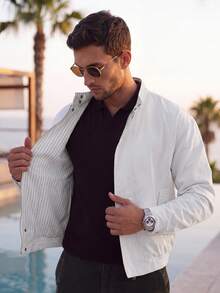 Men's Pure White Stand Collar Bomber Jacket, Elastic Hem Zipper Pockets Casual Short Jacket - White - View 1