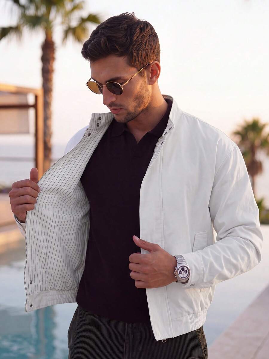 Men's Pure White Stand Collar Bomber Jacket, Elastic Hem Zipper Pockets Casual Short Jacket - White - View 1