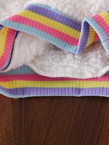 2pcs Baby Girl Casual Cute Cartoon Rabbit Smiling Face Embroidered Double-Sided Fleece Contrast Color Striped Long Sleeve Hooded Sweatshirt And Pants Set Autumn/Winter - White - View 7