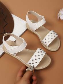 Sandal bệt đế mềm mùa hè cho bé gái, thiết kế đính đinh mới cho trẻ tập đi và trẻ lớn, size lớn - trắng - Xem 6