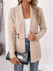 Plus Size Women's Knitted Cardigan, Autumn/Winter Daily Minimalist Solid Color Casual Long Sleeve Slim Fit Lapel Knit Sweater Jacket - Apricot - View 7