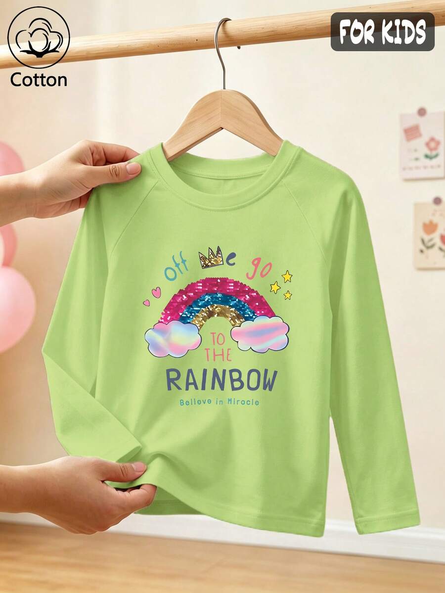 Girls Cotton Raglan Long Sleeve Tee For Fall Winter, Cartoon Rainbow Print With Clouds, Crown, Stars & Hearts, Sweet Preppy School Style - Fruit Green - View 1