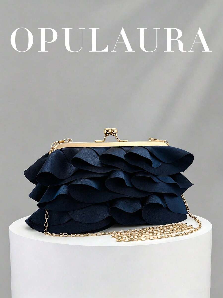 OpulAura Women's Exquisite Charming Petal Banquet Clutch, Ruffle Design Evening Handbag, Evening Gown Matching Bag, Suitable For Wedding/Vacation/Formal Party/Ballroom And Other Occasions, Comes With Chain, Petal Shape Randomly Sent - Navy Blue - View 1