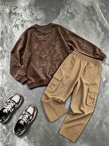 2pcs Set Suitable For Boys Big Kids, Washed Style Crew Neck Sweatshirt And Cargo Pants Outfit, Cartoon Character Print Crew Neck Sweatshirt And Cargo Pants Matching Set, Suitable For Autumn/Winter Daily And Sports Wear - Multicolor - View 3