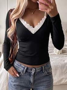 Black 2 In 1 Lace V-Neck Long Sleeve Top Women, Spliced White Lace Cropped Top - Black - View 1