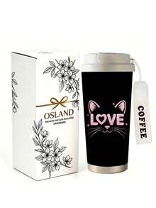 1pc/5pcs 500ml Cute Cat Heart Travel Mug, Double-Wall Stainless Steel Insulated Cup, Cute Pink Cat Ear & LOVE Letter Print Design, Portable Coffee Cup With COFFEE Print Lanyard, Leak-Proof Insulated Mug, Suitable For Daily Commute, Outdoor & Travel - Black-kitty Love - View 3