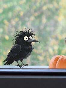1pc 2D Funny Spiky Crow Halloween Window Sticker, Removable No Residue, Holiday Atmosphere Decor, Home Style Upgrade, Dark Balcony Door Window Decoration, Waterproof Moisture-Proof No Curling Easy Installation, Single Color Transparent, 5.5*5.5inch - Black - View 1