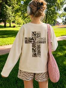 1pc Casual Printed Long Sleeve T-Shirt For Tween Girls, Spring/Autumn, Fashionable, Warm And Comfortable Design For Young Students And Teenagers - Apricot - View 4
