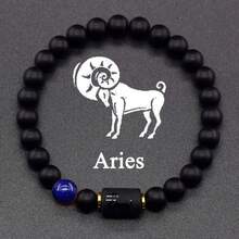 12 Zodiac Signs Bracelet Natural Stone Beaded Elastic Bracelet Valentine's Day Or Birthday Gift For Couples And Friends - Black - View 9
