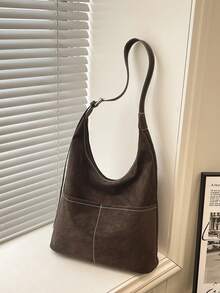 Dedoo Women's Suede-Like Hobo Shoulder Bag Set, Solid Color Vintage Matte PU, Contrast Stitching, Adjustable Strap, Large Capacity, Suitable For Autumn/Winter Student Daily Commute - Coffee - View 6