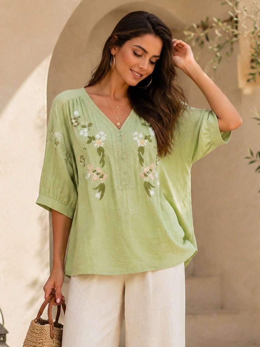 Vintage Embroidered Short Sleeve Blouse Top For Women, Casual Embroidered Shirt Summer - Green - View 1