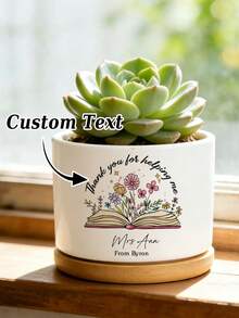 1pc Customized Name Teacher Flower Pot, "Thank You For Helping Me Grow" Personalized Gift, Teacher Desk Decor, End Of School Year Handmade Gift, Back To School Gift, First Day Of School Gift, Gift For Teacher - White - View 1