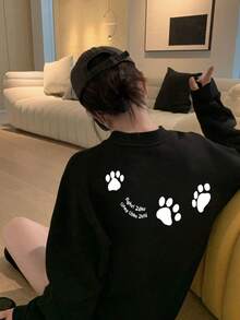 Women's Fashion Autumn/Winter Loose Minimalist Versatile Cat Paw Cartoon Print Long Sleeve T-Shirt - Black - View 4