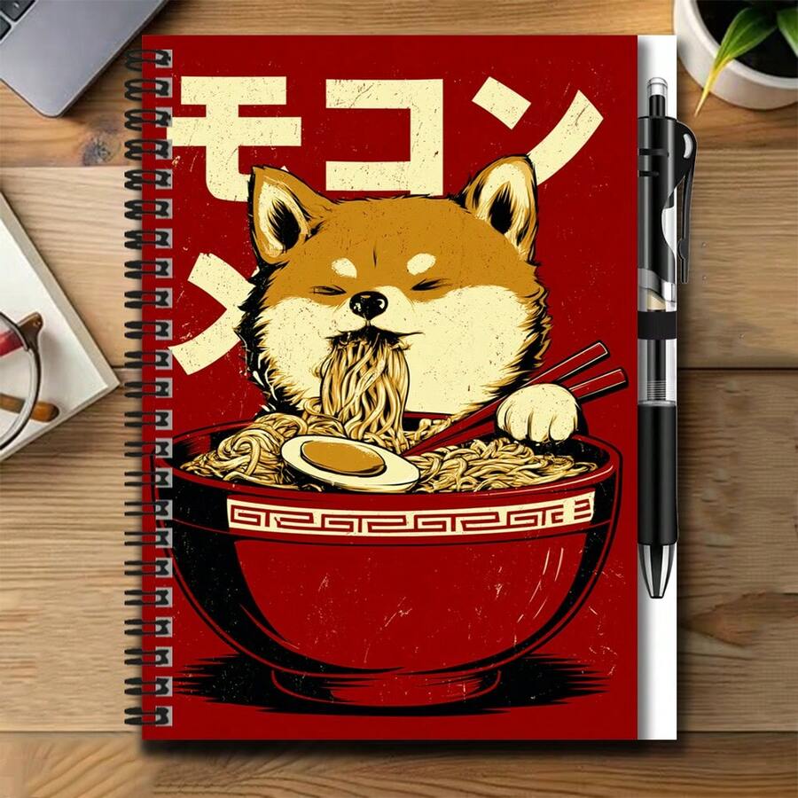1 Set Japanese Cute Style 2D Cover Spiral Coil Notebook With Pen, Shiba Inu Eating Ramen Pattern, Eye-Catching Design. Great Helper For Work And Study, Suitable For Diary, Daily Planning And Notes. Thoughtful Gift Choice For Graduation, Birthday And Other Occasions, Smooth Writing, High Quality, Adds Fun To Recording And Creating. - 1 Book + 1 Pen - View 1