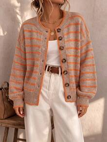 Plus Size Women's Round Neck Single-Breasted Contrast Striped Long Sleeve Knit Cardigan, Loose Casual Fashion Versatile, Autumn/Winter Fall - Khaki - View 3