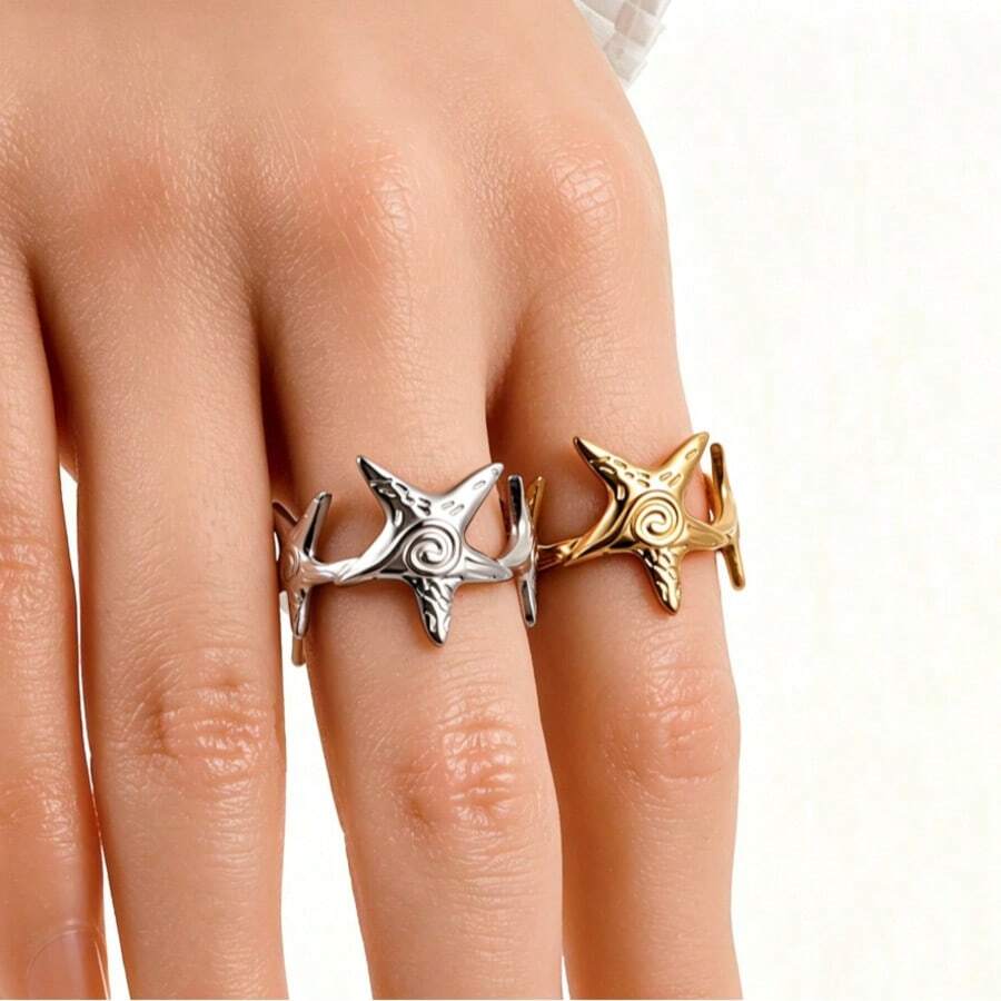 2‑Color Starfish Open Cuff Ring, Adjustable Textured Spiral Ocean Style Finger Ring, Gold & Silver Tone Beach Vacation Statement Jewelry For Women - Star - View 1