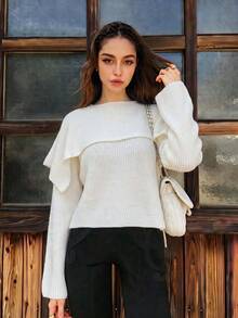 女款 2026 秋冬 一件式針織毛衣，大翻領與喇叭袖設計，寬鬆版型紋理針織上衣，適合日常穿著 - 白色 - 查看 8