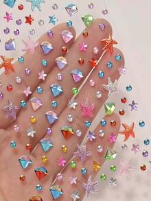 451 3D Summer Rainbow Color Stereoscopic Glitter Gem Stickers, 2 Sheets Bright Heart-Shaped Sequin Self-Adhesive Rhinestone Stickers, Heart Design Suitable For Makeup And Clothing, Multi-Color Diamond Face Decoration Suitable For Festivals, Parties - Multicolor - View 5