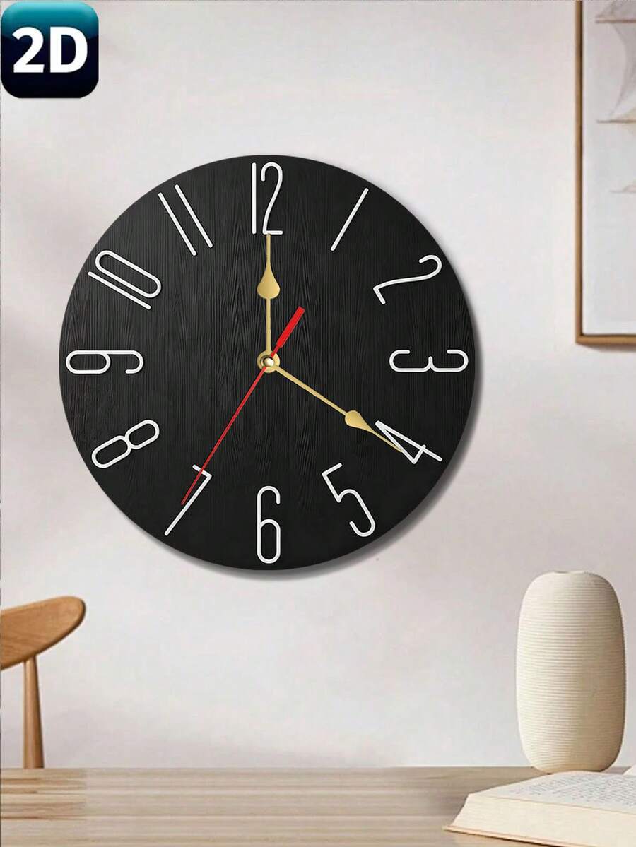 1pc Modern Silent Wall Clock, Japanese Quartz Movement, Black Round Frameless Design, Digital Display, Wooden, Silent No Ticking, Suitable For Living Room, Bedroom And Office Decor, Requires 1 AA Battery (Not Included) - 1PC - View 1