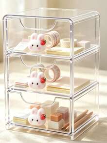 Mini Desktop Drawer Storage Box With Strawberry Rabbit Decoration, Multi-Layer Jewelry And Cosmetic Organizer, Desktop Storage, Suitable For Vanity, Bedroom, Office Supplies, Birthday Gift And Back To School Gift - Multicolor - View 5