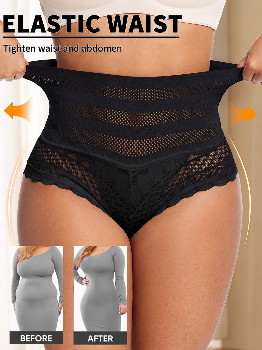 大尺碼高腰塑形蕾絲內褲 性感丁字褲 無縫收腹 G-String 顯瘦緊身女款內衣 - 黑色 - 查看 1