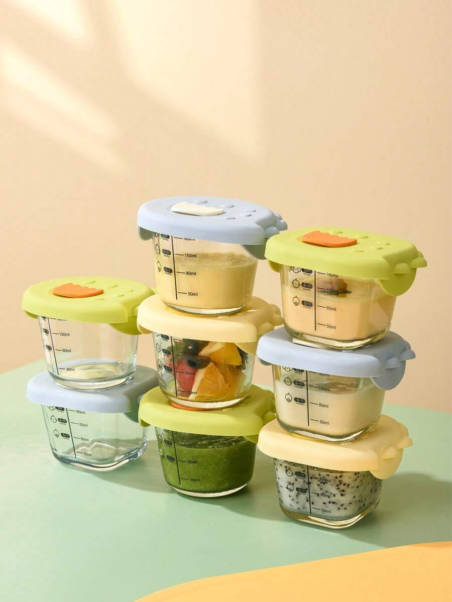 1pc/Cartoon Glass Baby Food Container/Dinosaur Theme Baby Food Container/Food Storage Container/Fruit Container/Built-In Sealed Lid/Material: High Borosilicate Glass + Silicone/Product Capacity: 230ML - Multicolor - View 1