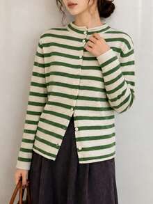 Women's Autumn Casual Minimalist Versatile Striped Cardigan Knit Sweater Jacket - Green - View 4
