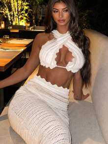 BohoFeel 2pcs Colorblock Striped Backless Knit Tube Top & Ruffle Crochet Mermaid Maxi Skirt Beach Cover-Up Swimwear Set Summer - Khaki - View 1