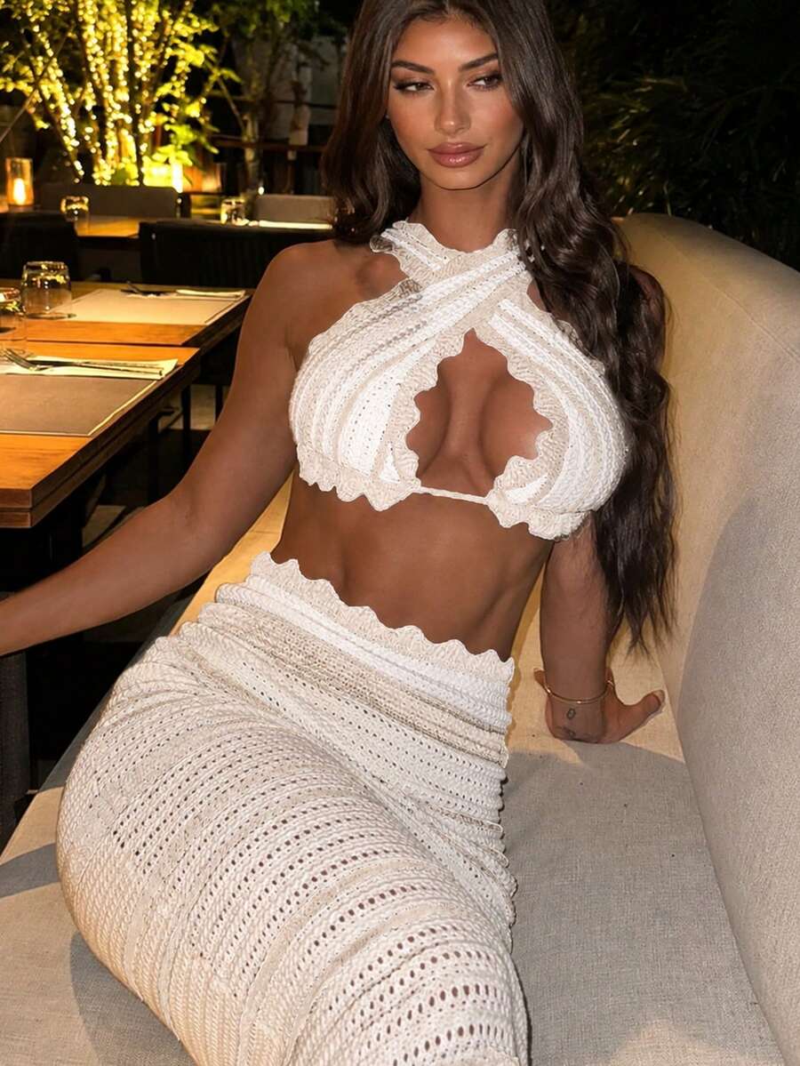BohoFeel 2pcs Colorblock Striped Backless Knit Tube Top & Ruffle Crochet Mermaid Maxi Skirt Beach Cover-Up Swimwear Set Summer - Khaki - View 1
