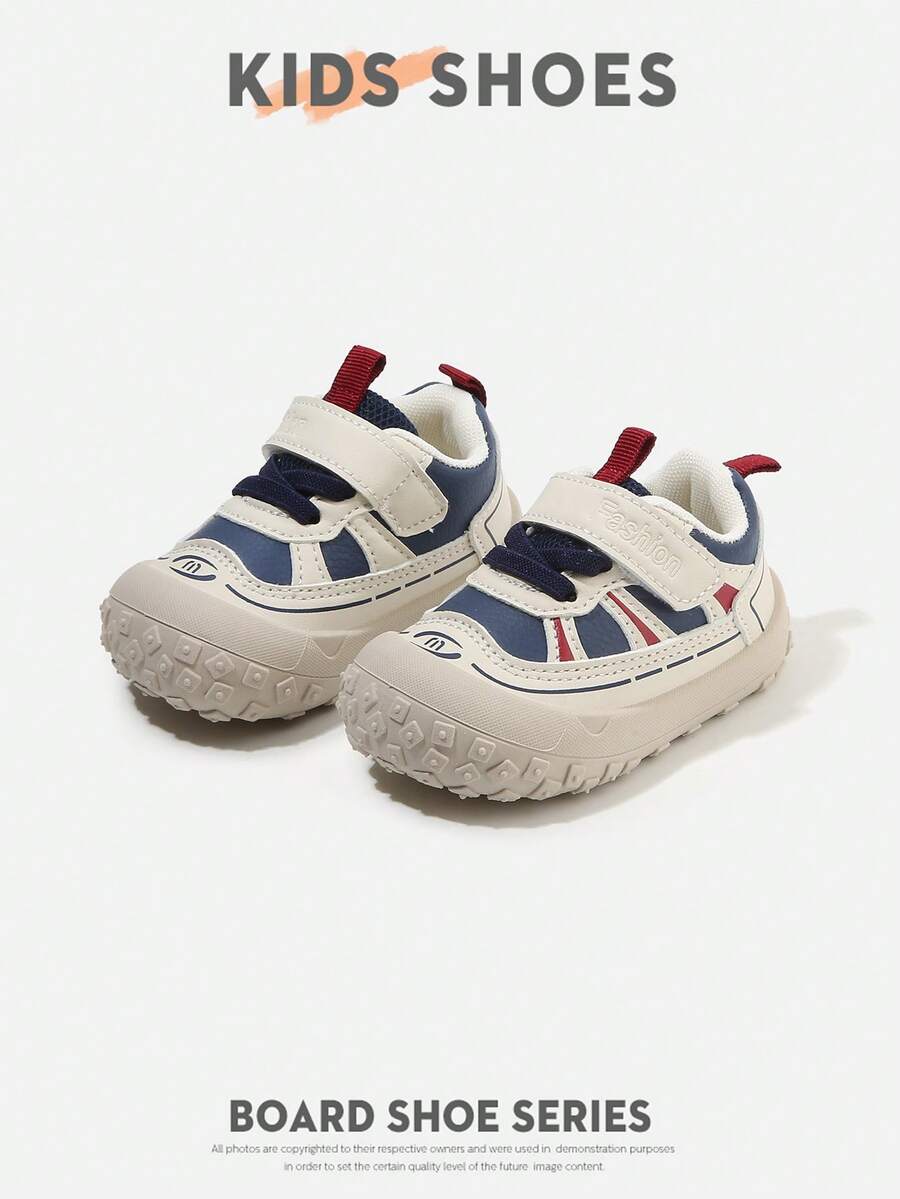 1 Pair Infant Toddler Colorblock Patchwork Hook & Loop Closed Toe Flat Casual Sneakers For Daily Wear [Select By Actual Cm Inner Length] - Blue - View 1