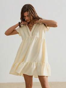 Rusttydustty Cream Yellow V-Neck Lace Patchwork Textured Loose Ruffle Hem Gentle Vacation Style Autumn Halloween Women's Short Dress - Pale Yellow - View 7