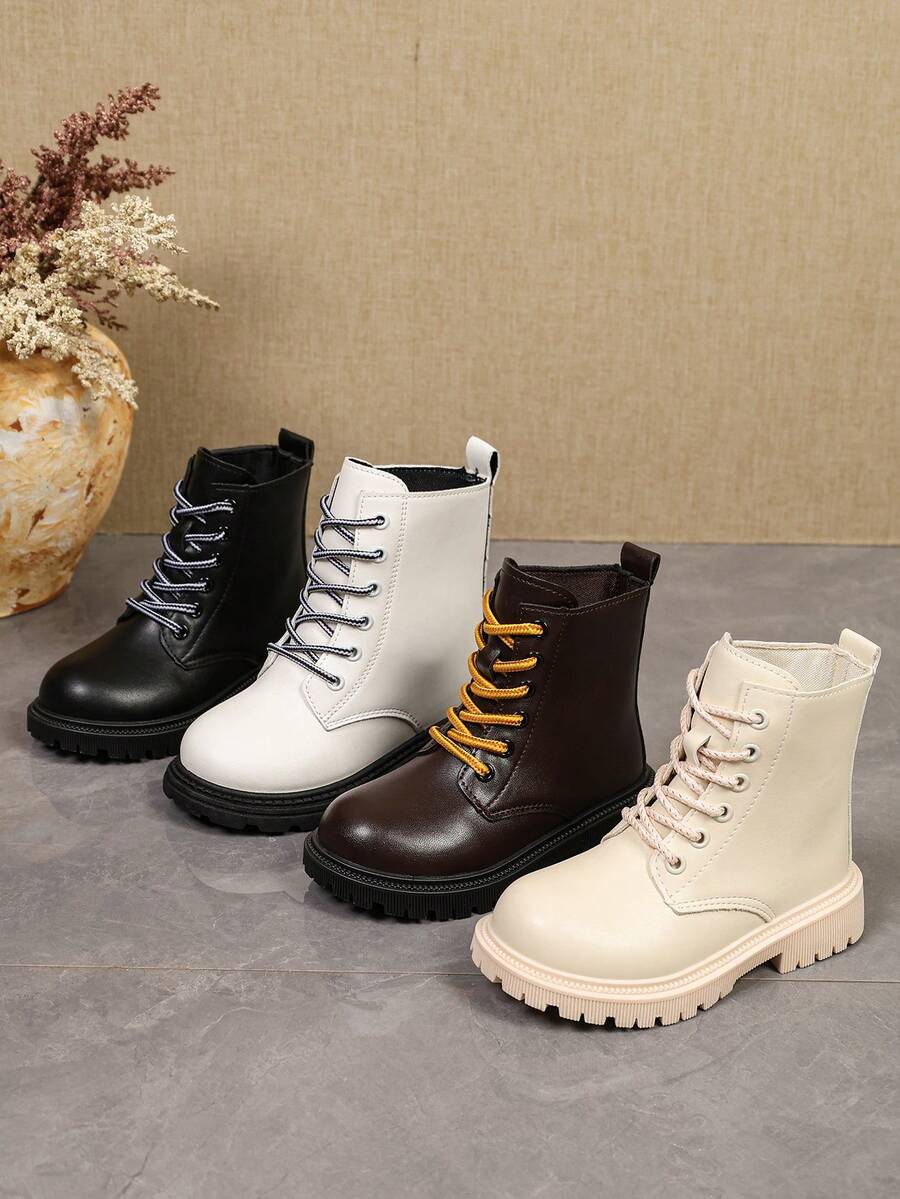 1 Pair Kids' Beige Ankle Boots, Soft PU + Front Lace-Up Design, Casual Cargo Style Style Motorcycle Boots, Suitable For Daily School, Vacation, Autumn/Winter New