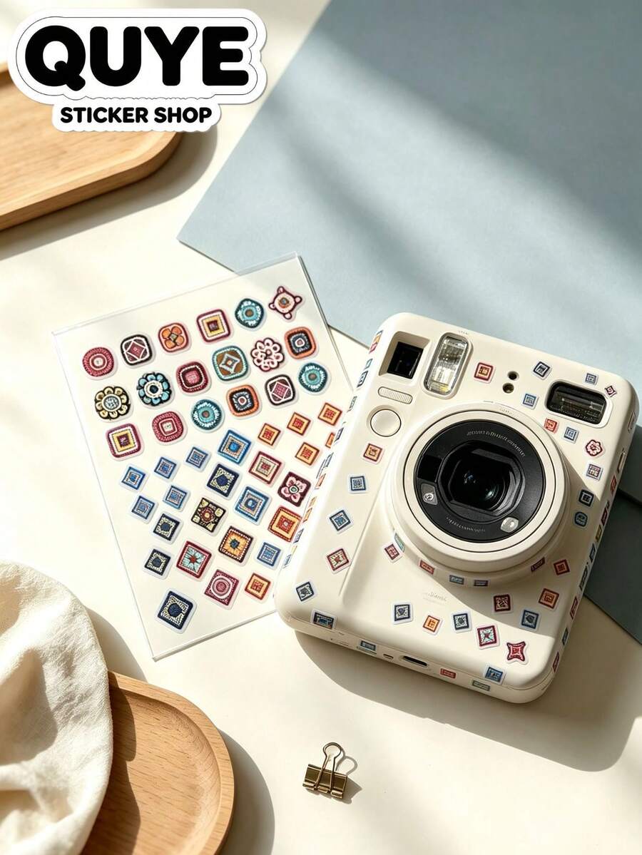 1pc Decorative Sticker, Aesthetic Sticker, Bohemian Geometric Square Pattern, Suitable For Laptop, Phone Case, Camera, Water Bottle, Storage Box, Furniture And Metal Decoration - B - View 1