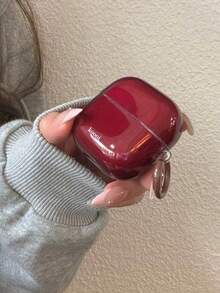 Glossy Wine Red Earphone Case With Brown Keyring, Hard Shockproof Protective Cover Compatible With Airpods 1/2, 3,4,5, Compatible With Airpods Pro, Pro 2, Pro 3, Minimalist Solid Color Earbud Shell - Burgundy - View 2