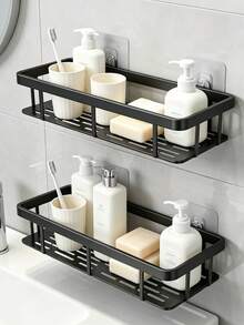 Bathroom Storage Rack, No-Drill Wall-Mounted Black Shower Caddy, Designed For Toiletries; Minimalist Corner Shower Storage Rack, Bathroom Toiletries Organizer. Suitable For Home, Rental, Dorm - Multicolor - View 6